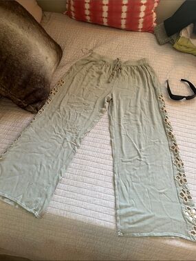 Salty lemon sea sage green pull on wide leg sheer beach boho pants L